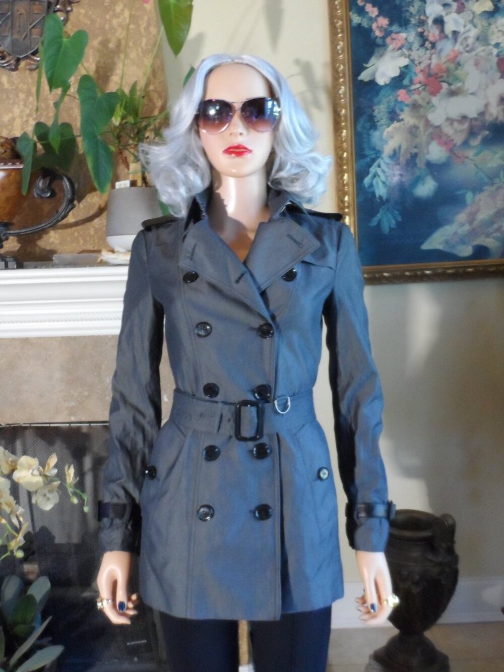 New Burberry London Dark Gray Leather Trim Trench Coat Size IT 38-US 2 - Picture 2 of 16